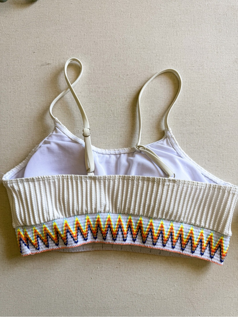 Textured Ribbed Bikini Set White Colorful Zigzag Trim High Waisted Size L - Picture 7 of 8